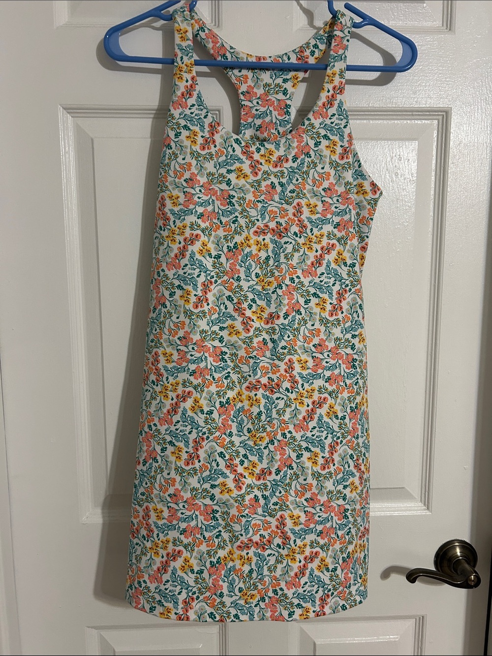 J. Crew White Floral Racerback Dress with Coral and Teal Print Athletic Dress